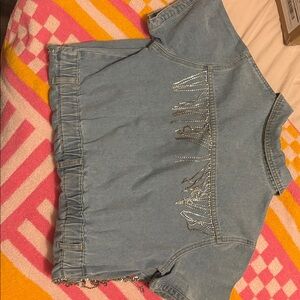 Denim Jumpsuit with Crystal Embellishments